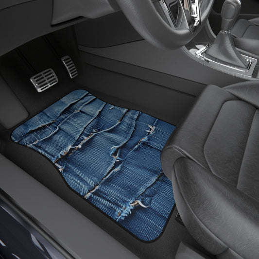 Midnight Blue Distressed Denim: Rugged, Torn & Stylish Design - Car Mats (Set of 4)