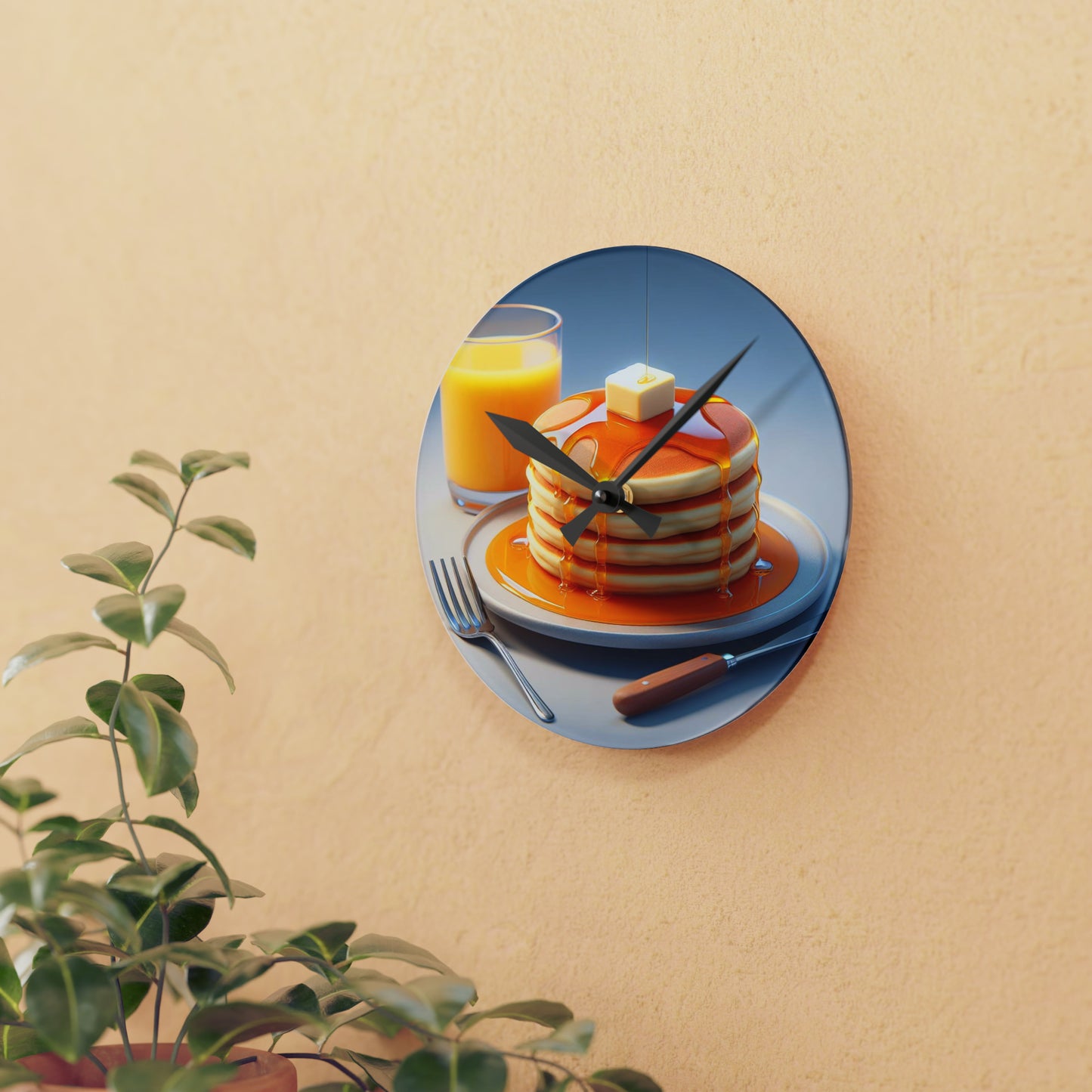 Breakfast  Acrylic Wall Clock - Fluffy Pancakes Stacked Plate, Golden Maple Syrup, Melting Butter, Glass of Orange Juice