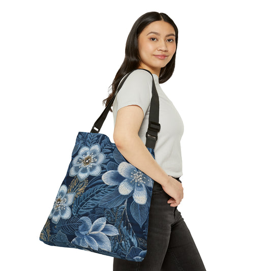 Bordado de flores en flor floral en estilo denim - Bolso de mano ajustable (AOP) 