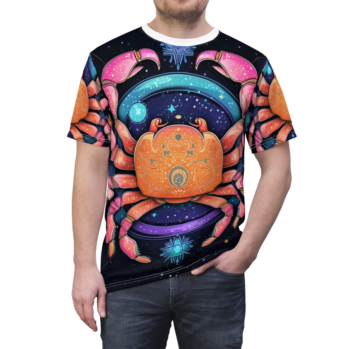 Rainbow Celestial Crab - Vibrant Cancer Zodiac Sign Art - Unisex Cut & Sew Tee (AOP)