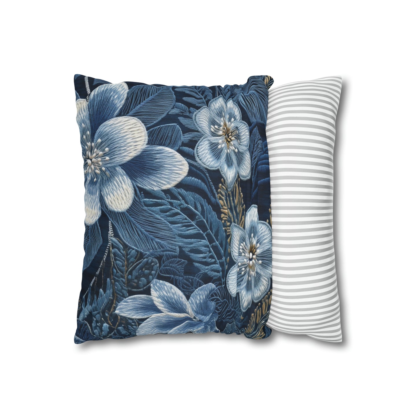 Flower Blossom Embroidery Floral on Denim Style - Spun Polyester Square Pillow Case
