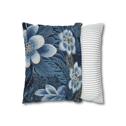 Flower Blossom Embroidery Floral on Denim Style - Spun Polyester Square Pillow Case