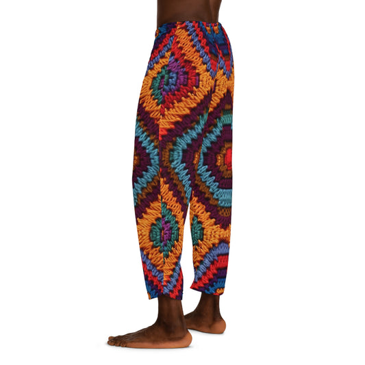 アフリカンヘリテージかぎ針編み、鮮やかなマルチカラーデザイン、エスニッククラフトワーク - メンズパジャマパンツ (AOP)