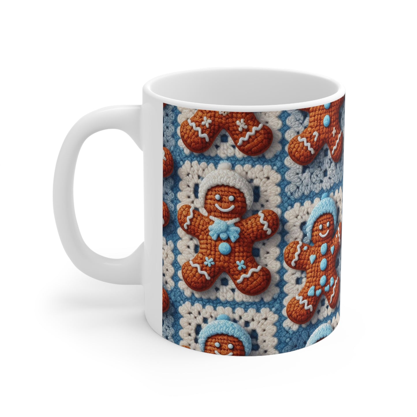 Alegría invernal: Encantadores amigos navideños de pan de jengibre de ganchillo adornados con sombreros nevados y dulces sonrisas - Taza de cerámica de 11 oz