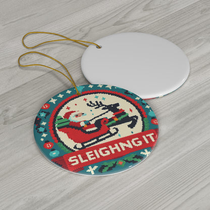 Santa & Reindeer Cross-Stitch Style - 'Sleighing It' Christmas - Festive Holiday - Ceramic Ornament, 4 Shapes