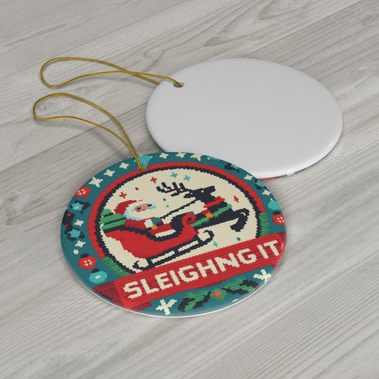 Santa & Reindeer Cross-Stitch Style - 'Sleighing It' Christmas - Festive Holiday - Ceramic Ornament, 4 Shapes
