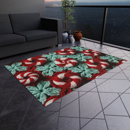 Christmas Crochet Candy Cane - Pepper Red Crystal White Holiday Pattern - Outdoor Rug