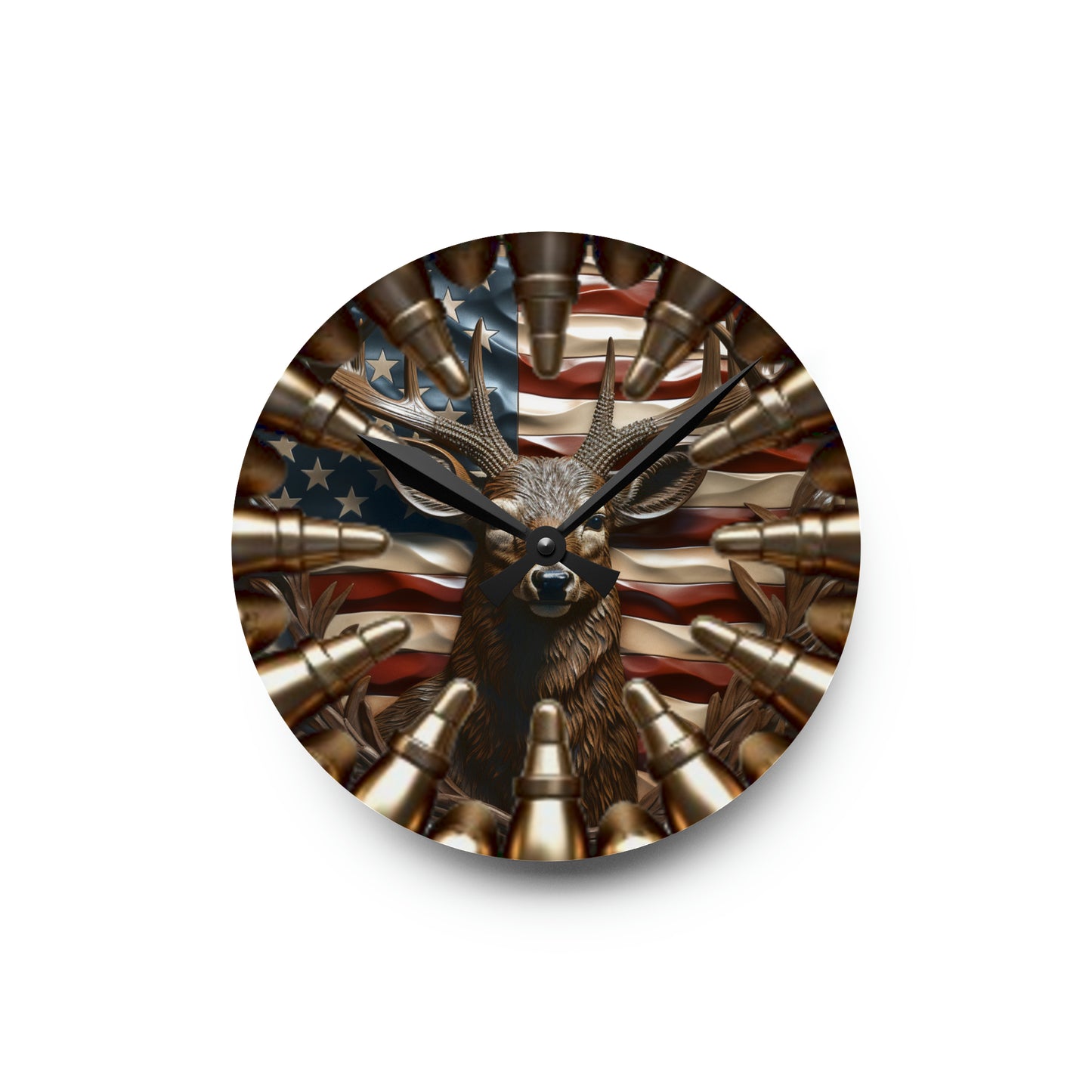 American Flag Deer Acrylic Wall Clock - Hunters Gift - Patriotic Wildlife Design, Rustic Home Decor, Unique Wall Timepiece