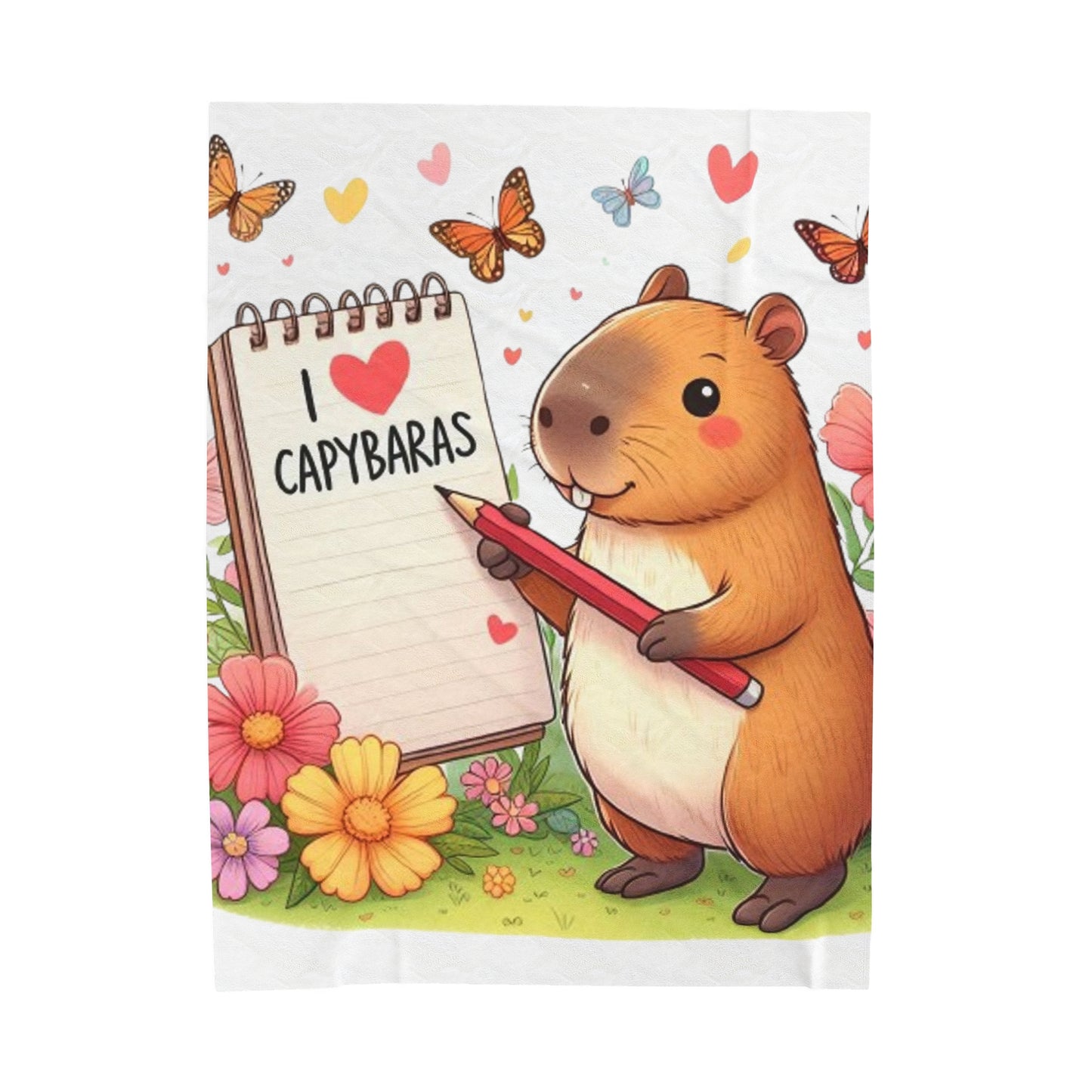 Capybara Holding Pencil and Notepad with I Love Capybaras, Cute Rodent Surrounded by Flowers and Butterflies, Velveteen Plush Blanket