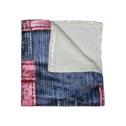 Candy-Striped Crossover: Pink Denim Ribbons Dancing on Blue Stage - Crushed Velvet Blanket