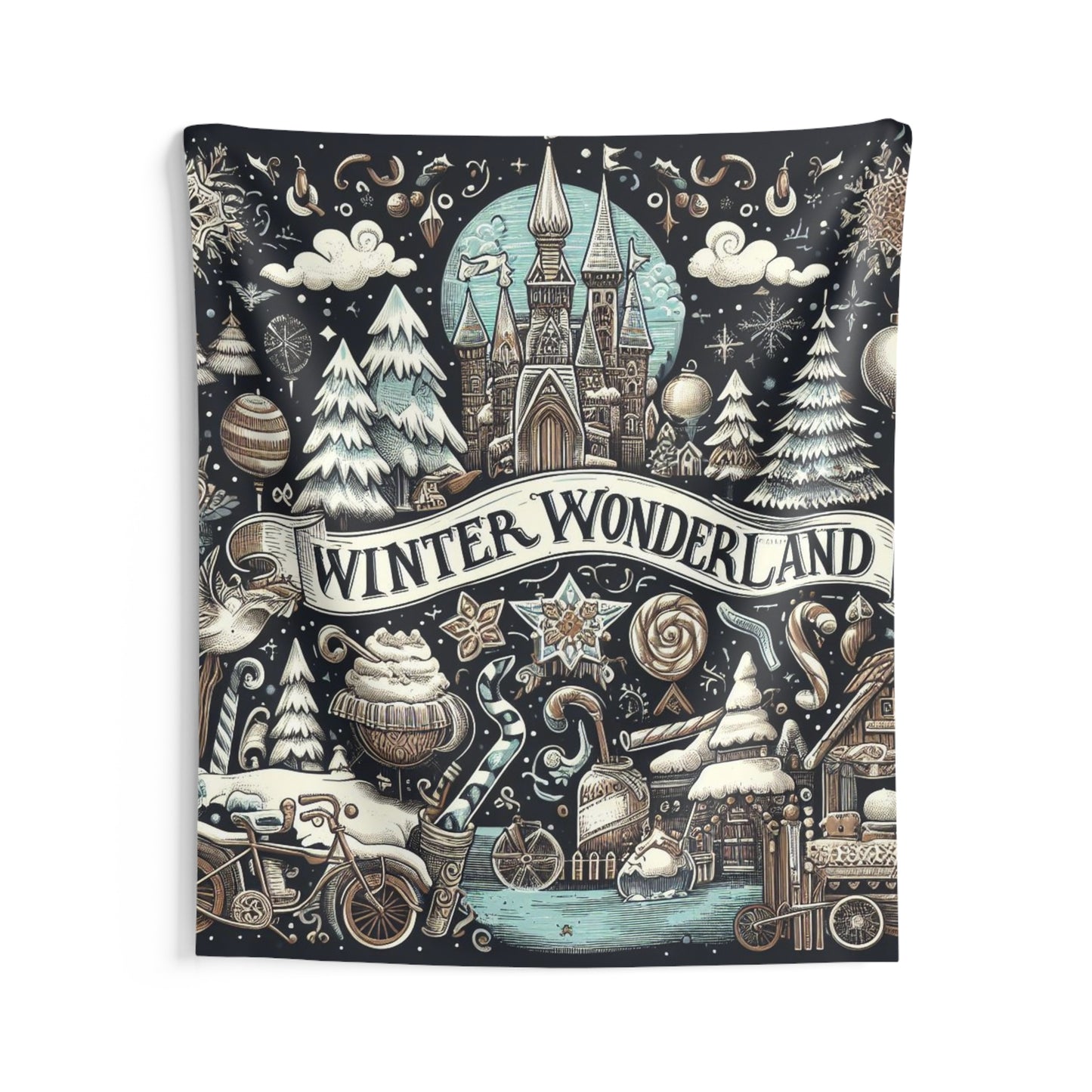 Winter Wonderland Enchantment: Nostalgic Christmas Snowscape with Majestic Castle and Festive - Indoor Wall Tapestries