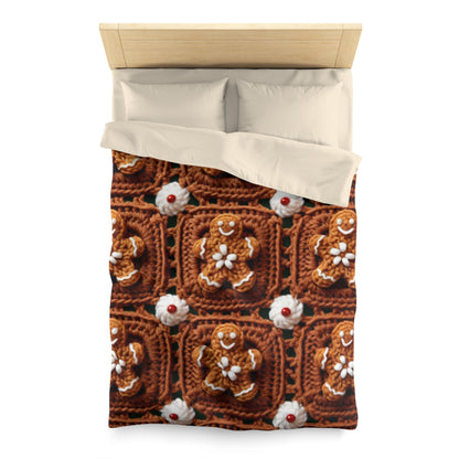 Gingerbread Man Crochet, Classic Christmas Cookie Design, Festive Yuletide Craft. Holiday Decor - Microfiber Duvet Cover