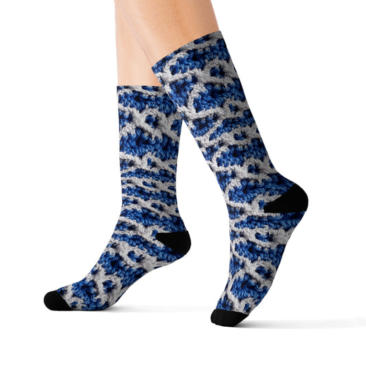 Blueberry Blue Crochet, White Accents, Classic Textured Pattern - Sublimation Socks