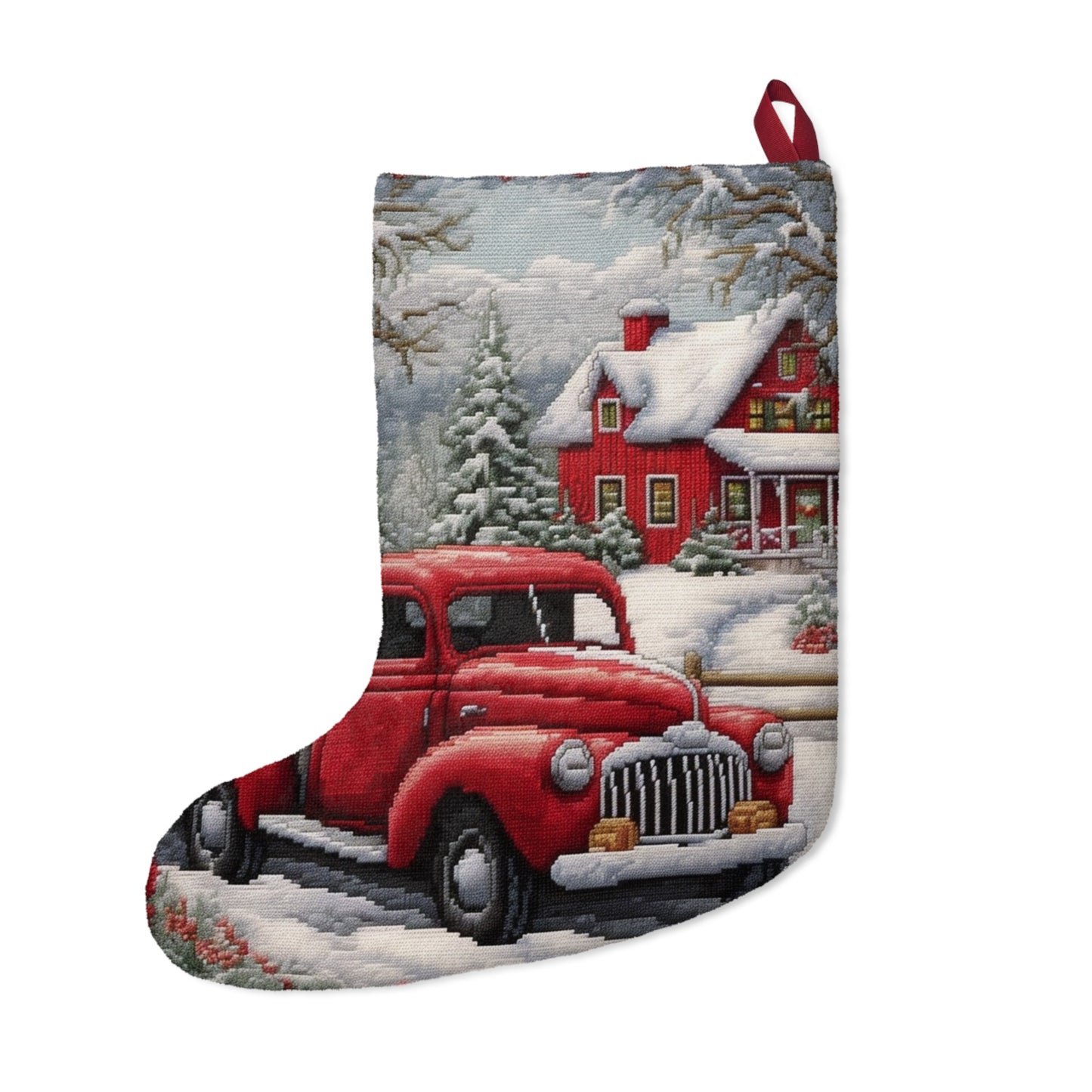 Red Truck Christmas Embroidery: Needlepoint Festive Winter Scene Threadwork - Christmas Stockings