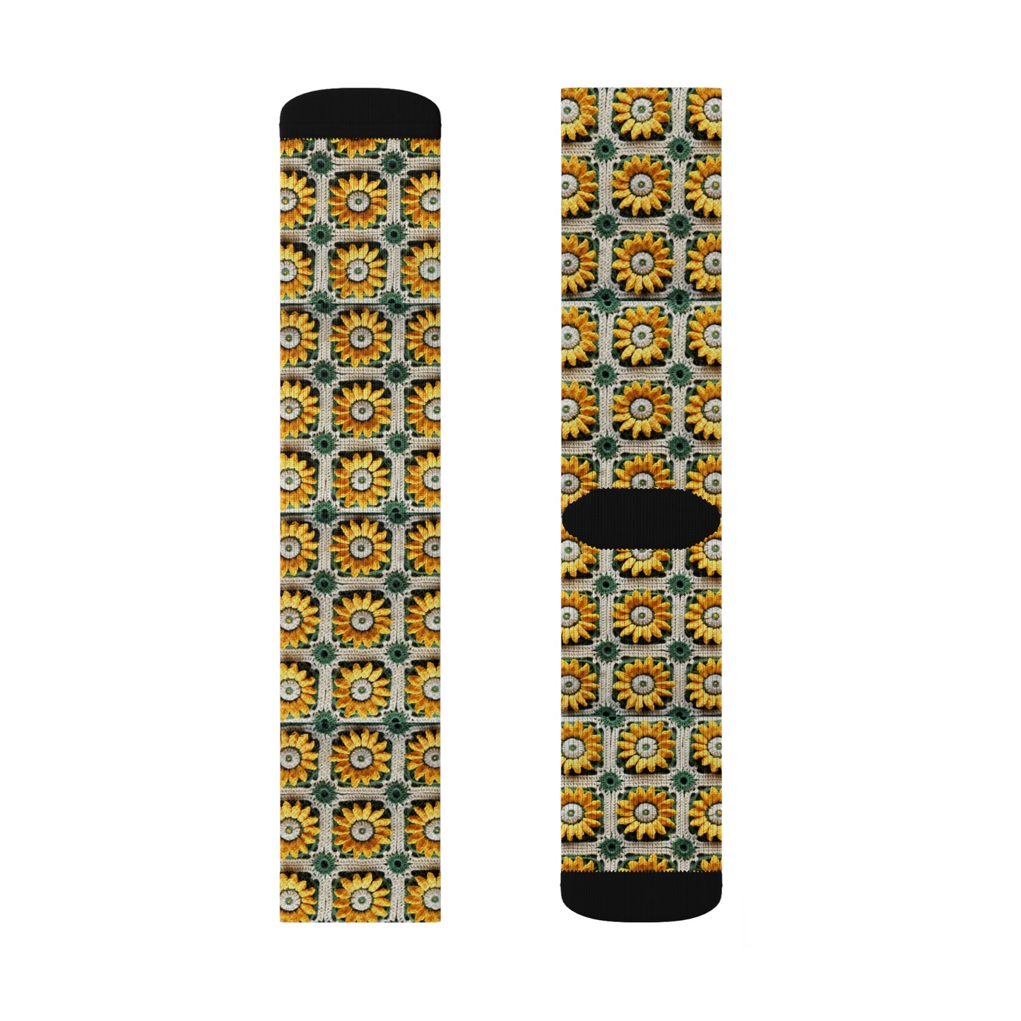 Sunflower Crochet Elegance, Granny Square Design, Radiant Floral Motif. Bring the Warmth of Sunflowers to Your Space - Sublimation Socks