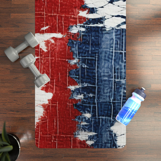 Patriotic Red, White & Blue: Distressed Denim-Style, Torn Fabric - Rubber Yoga Mat