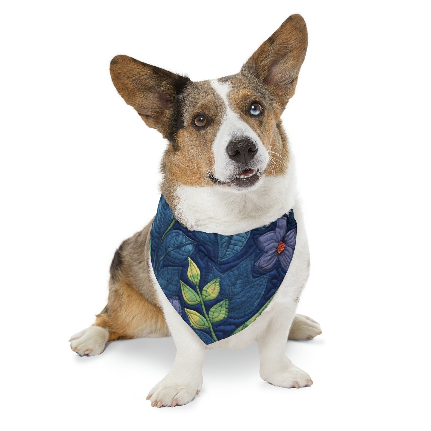 Floral Embroidery Blue: Denim-Inspired, Artisan-Crafted Flower Design - Pet Bandana Collar