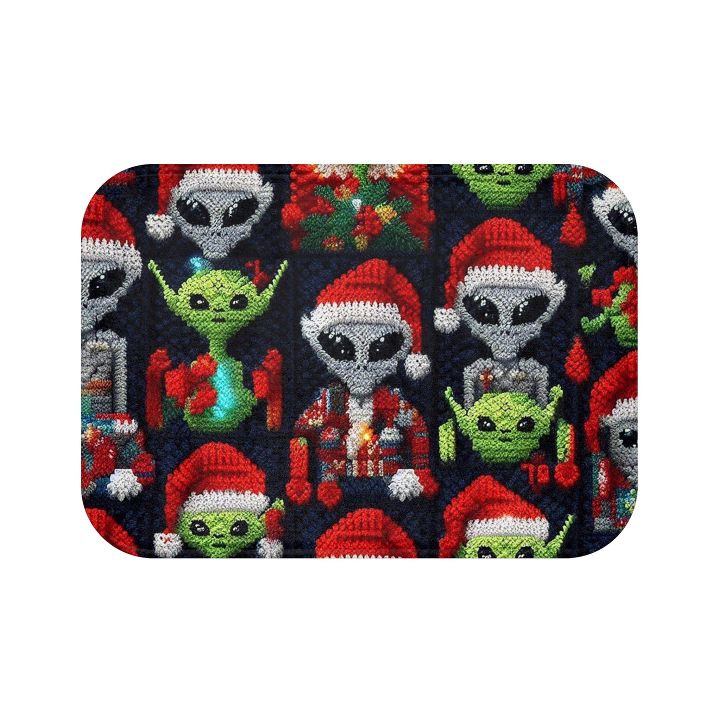 Festive Alien Invasion: Intergalactic Christmas Holiday Cheer with Santa Hats and Seasonal Gifts Crochet Pattern - Bath Mat