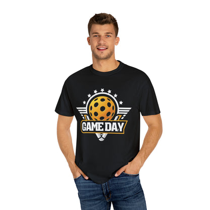 Stellar Pickleball Game Day Emblem with Stars and Winged Ball Design - Unisex Garment-Dyed T-shirt