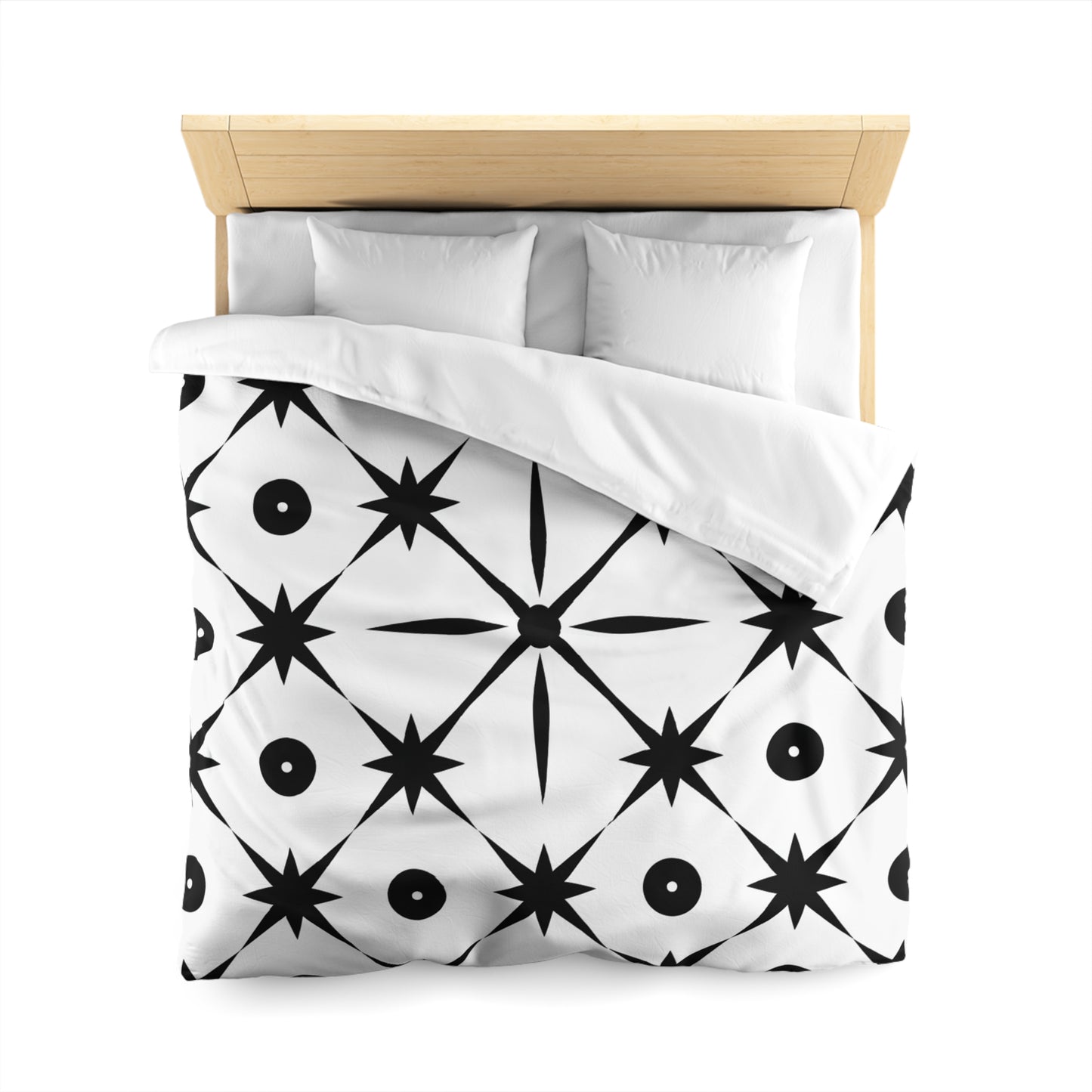 Mid Century Modern Asterisk Design - White & Black Atomic Starburst - Microfiber Duvet Cover