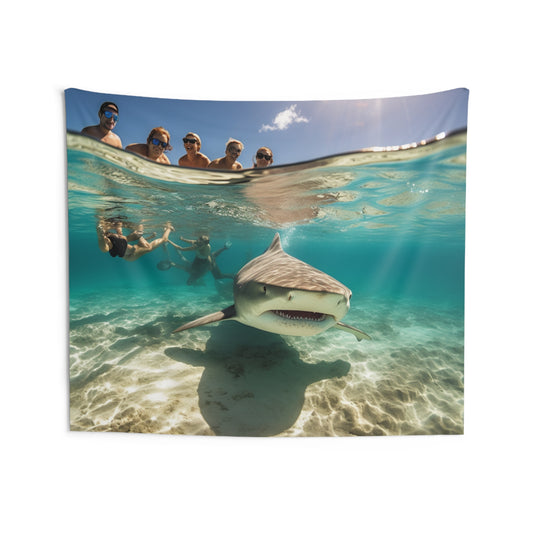 Peaceful Bull Shark with Swimmers: Ocean Scene - Perfect for Sea Lovers - Indoor Wall Tapestries