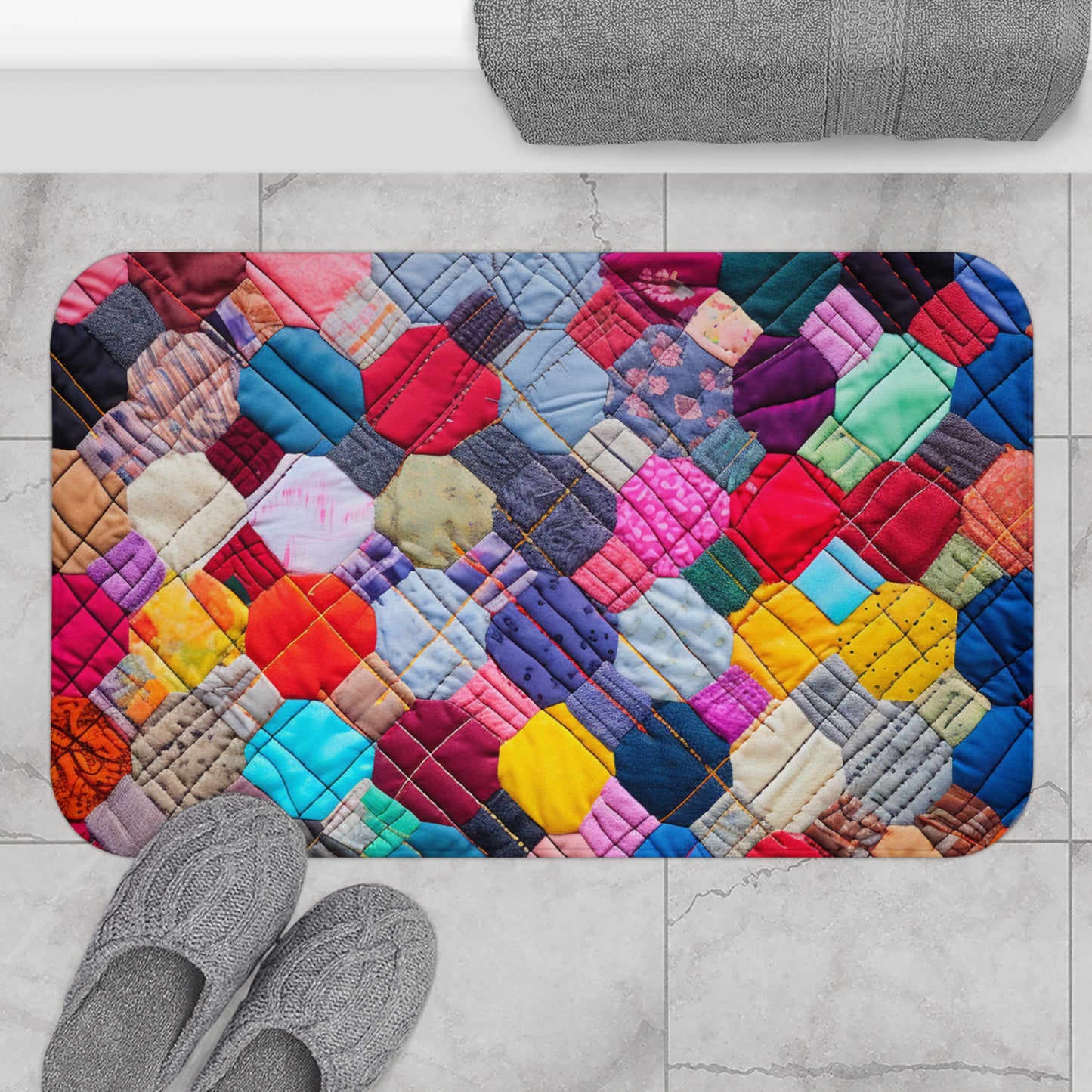 Colorful Patchwork Quilt, Multicolor Mosaic, Cozy Patchwork, Traditional Quilting Art, Eclectic Fabric Squares Design - Bath Mat