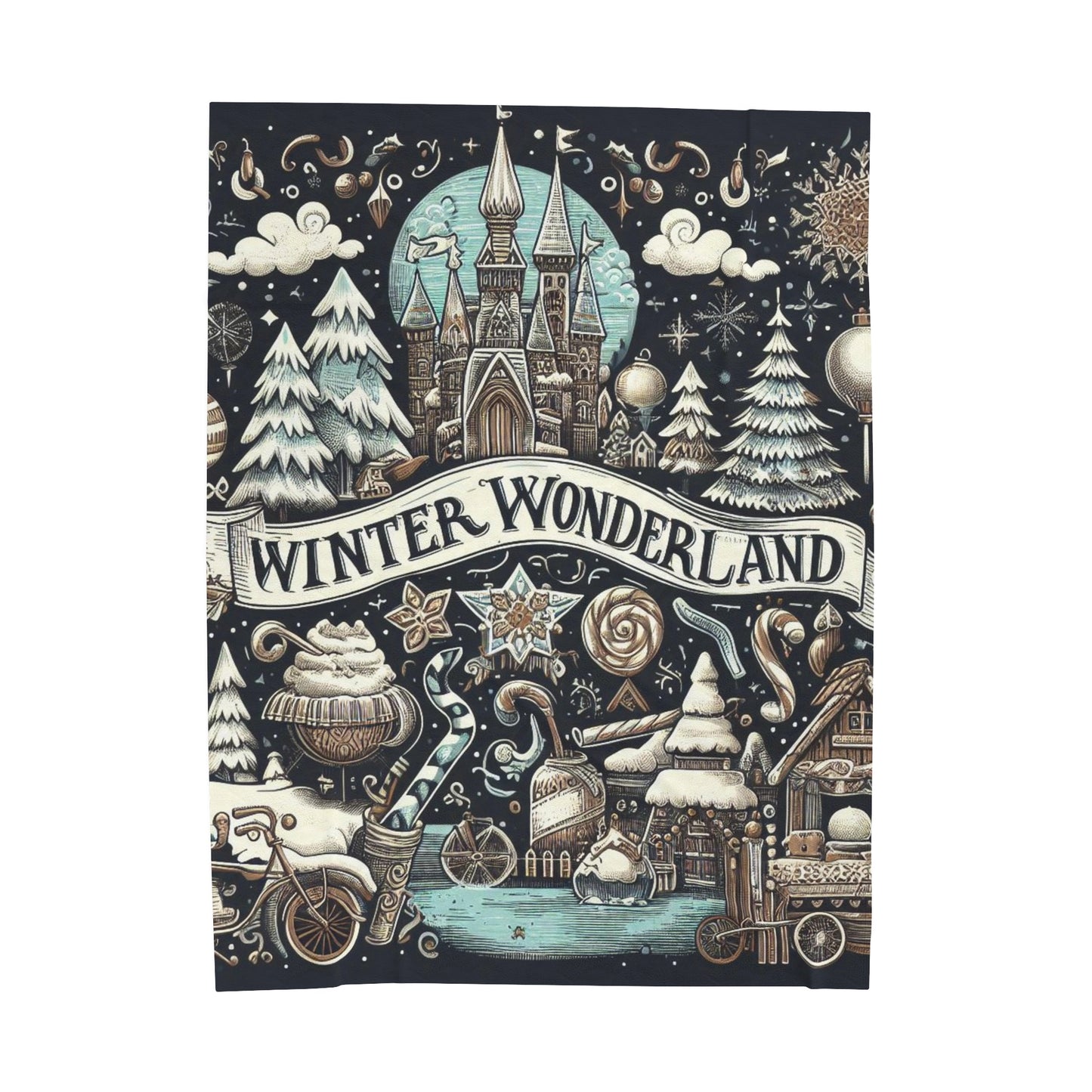 Winter Wonderland Enchantment: Nostalgic Christmas Snowscape with Majestic Castle and Festive - Velveteen Plush Blanket