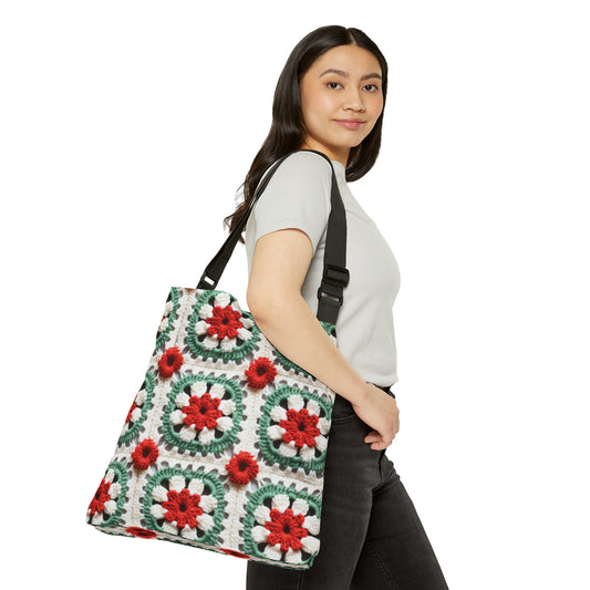Christmas Granny Square Crochet, Cottagecore Winter Classic, Seasonal Holiday - Adjustable Tote Bag (AOP)