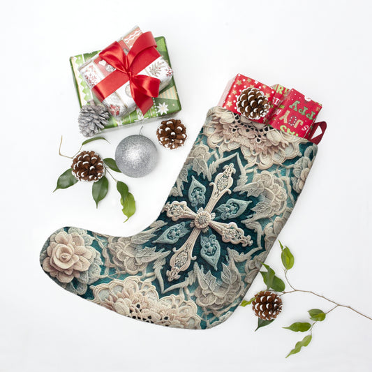 Cream and Teal Floral Symmetry: Intricate Lacework Design with Charm and Artistic Elegance - Christmas Stockings