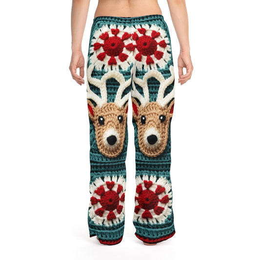 Christmas Reindeer Crochet, Wintry Wonderland Design, Festive Stag Motif. Embrace the Holiday Spirit - Women's Pajama Pants (AOP)