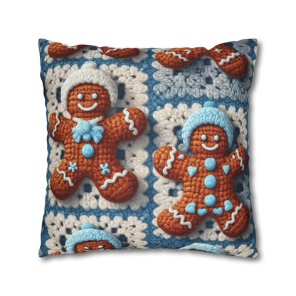 Winter Cheer: Charming Crocheted Gingerbread Christmas Friends Adorned with Snowy Hats and Sweet Smiles - Spun Polyester Square Pillow Case