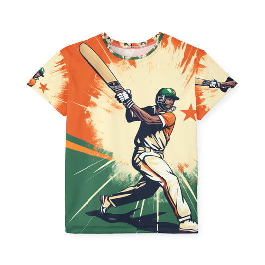 India Cricket Star: Batsman With Willow Bat, National Flag Style - Sport Game - Kids Sports Jersey (AOP)