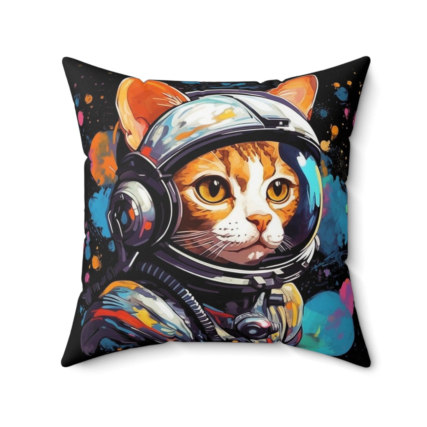 Astro Cat Adventure Feline - 宇宙空間に浮かぶポップアート - 紡績ポリエステル製正方形枕