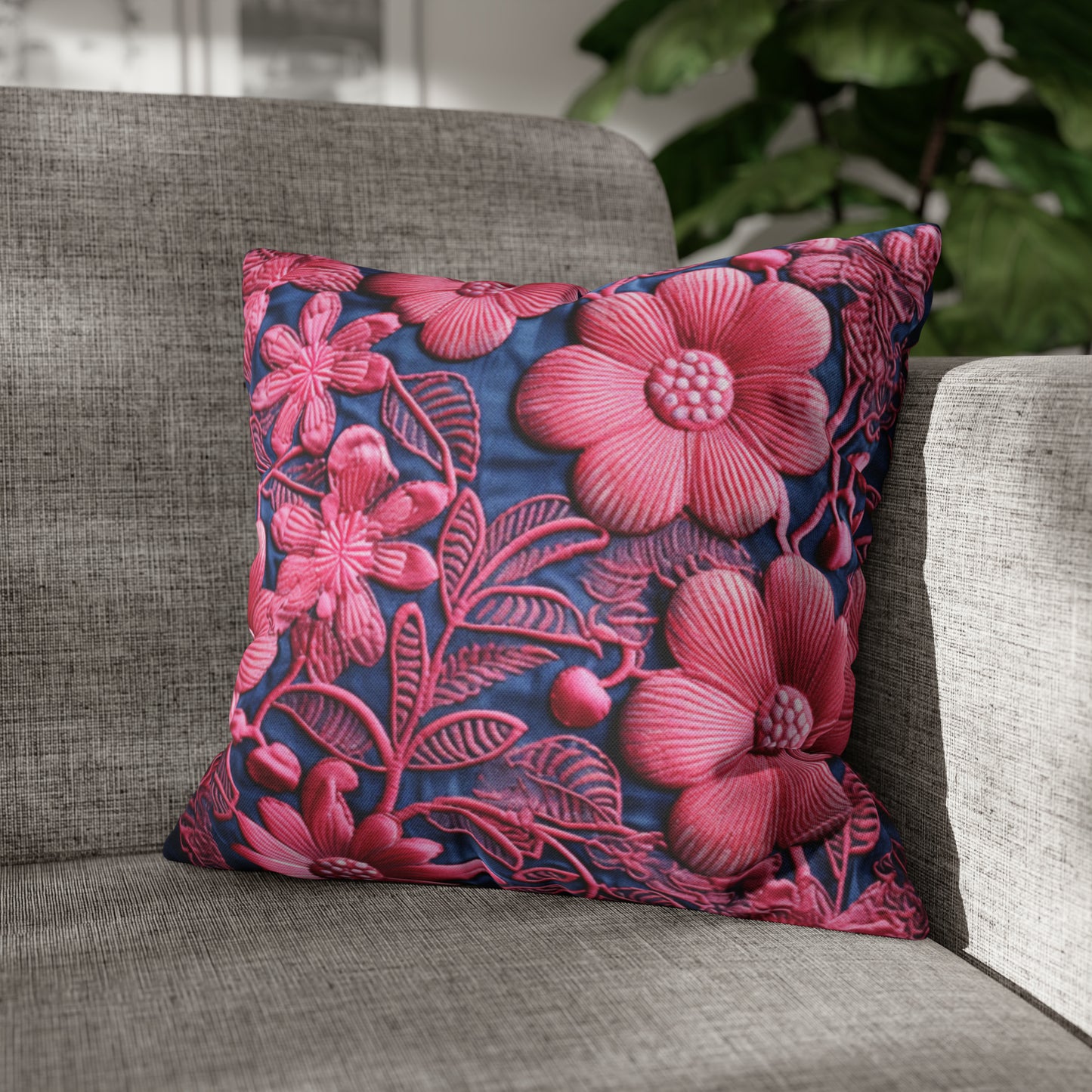 Denim Blue Doll Pink Floral Embroidery Style Fabric Flowers - Spun Polyester Square Pillow Case