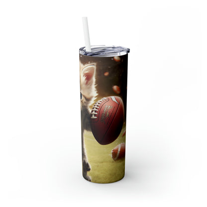 Football Kitty Fantasy: Feline Cat American Sport Quarterback - Skinny Tumbler with Straw, 20oz