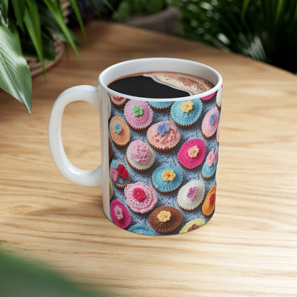 Diseño de panadería de postre de pastel helado con tratamiento de magdalenas de ganchillo - Taza de cerámica de 11 oz