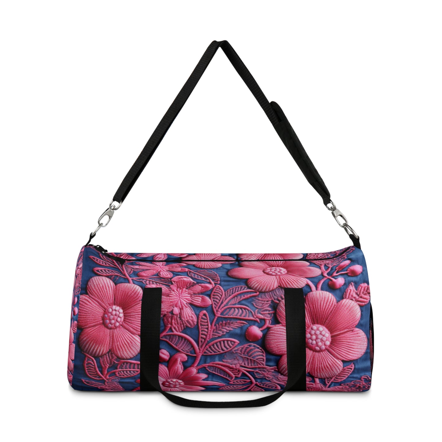 Denim Blue Doll Pink Floral Embroidery Style Fabric Flowers - Duffel Bag