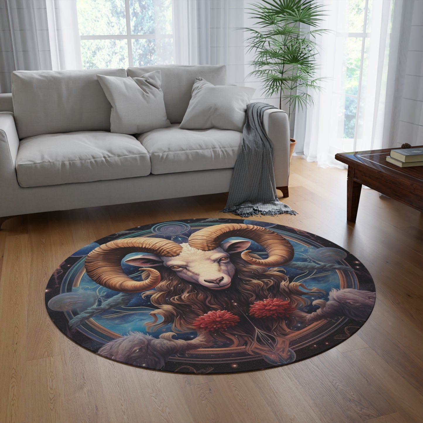 Aries Zodiac Ram - Vibrant Astrological Sign Cosmic Space Symbol - Round Rug