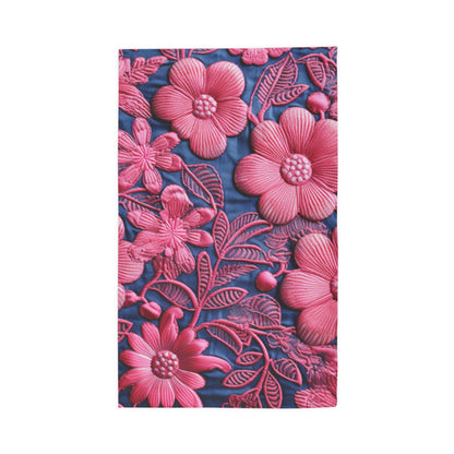 Denim Blue Doll Pink Floral Embroidery Style Fabric Flowers - Dobby Rug