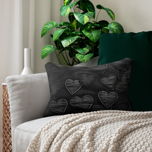 Black: Distressed Denim-Inspired Fabric Heart Embroidery Design - Spun Polyester Lumbar Pillow