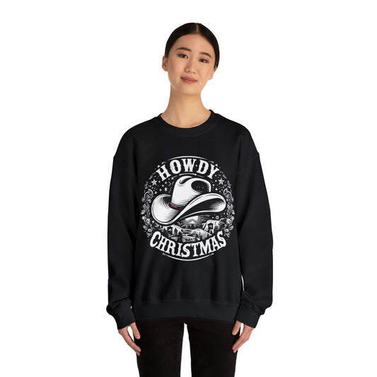 Western Howdy Christmas - Escena estrellada de invierno con sombrero de vaquero - Gráfico festivo de vacaciones en el campo - Sudadera unisex Heavy Blend™ Crewneck