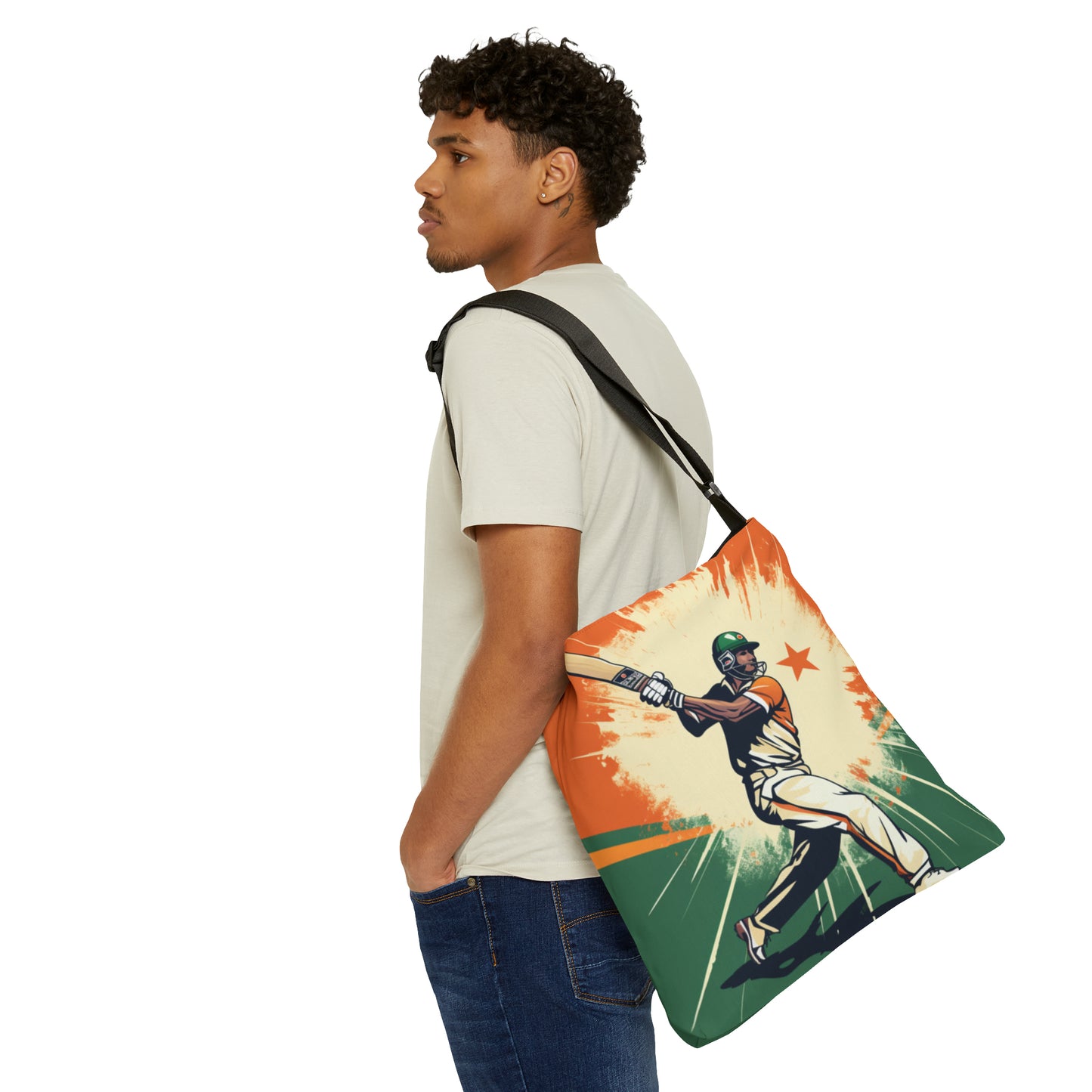 India Cricket Star: Batsman With Willow Bat, National Flag Style - Sport Game - Adjustable Tote Bag (AOP)