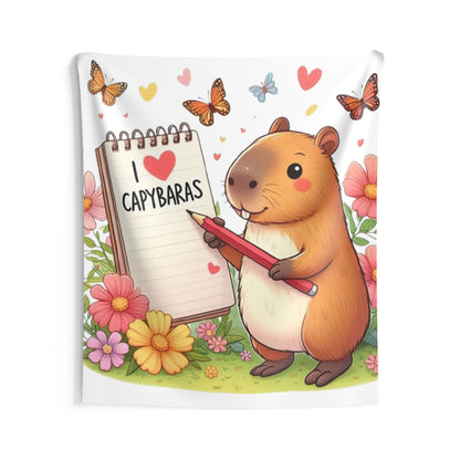 Capybara Holding Pencil and Notepad with I Love Capybaras, Cute Rodent Surrounded by Flowers and Butterflies, Indoor Wall Tapestries