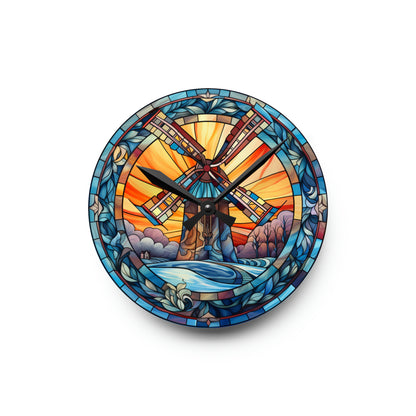 Windmill Stained Glass, Green Energy, Climate Art, Acrylic Wall Clock