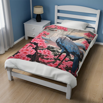 Sakura Blossoms Majestic Crane - Japanese, Birthday Gift for Dad, Traditional Indigo & Mount Fuji - Velveteen Plush Blanket