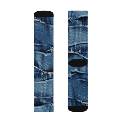 Midnight Blue Distressed Denim: Rugged, Torn & Stylish Design - Sublimation Socks