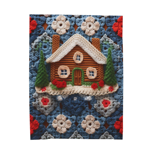 Cottagecore Log Cabin Crochet, Christmas Winter House Design, Rustic Holiday - Velveteen Plush Blanket