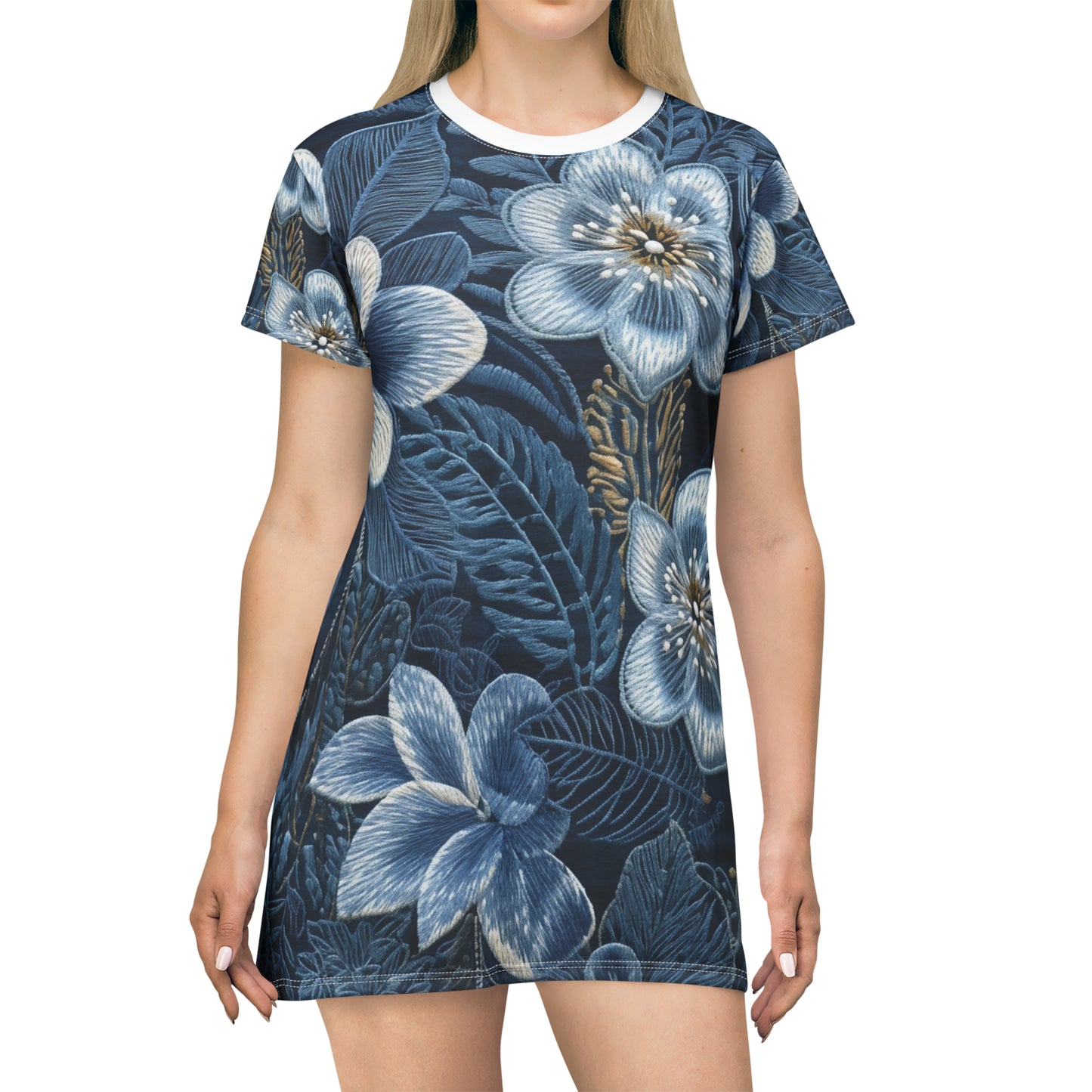 Flower Blossom Embroidery Floral on Denim Style - T-Shirt Dress (AOP)