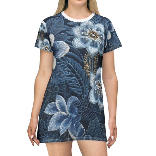 Bordado floral de flores en estilo denim - Vestido estilo camiseta (AOP) 