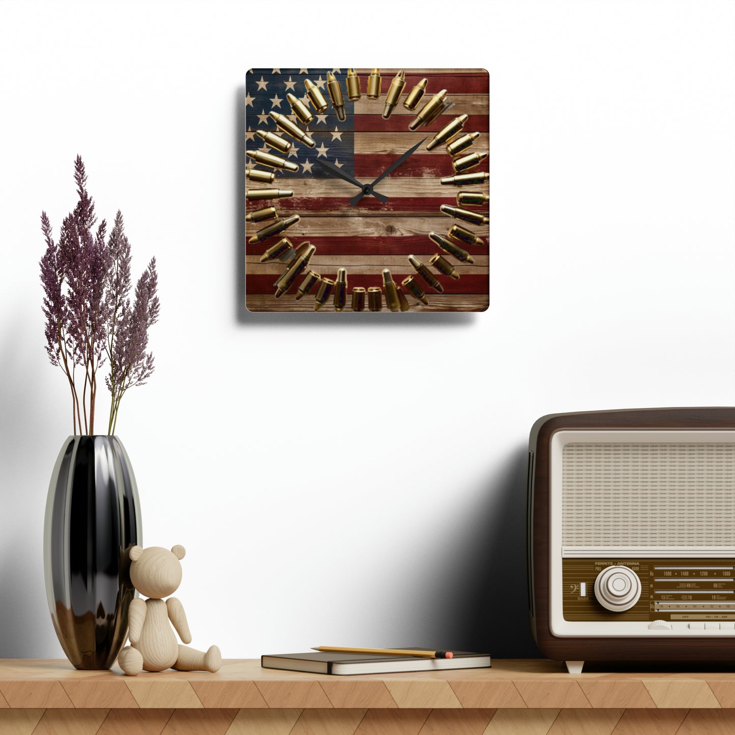 Patriotic American Flag Acrylic Wall Clock, Rustic USA Wall Decor, Hunter's Gift, Americana Pride, Stars & Stripes Timepiece